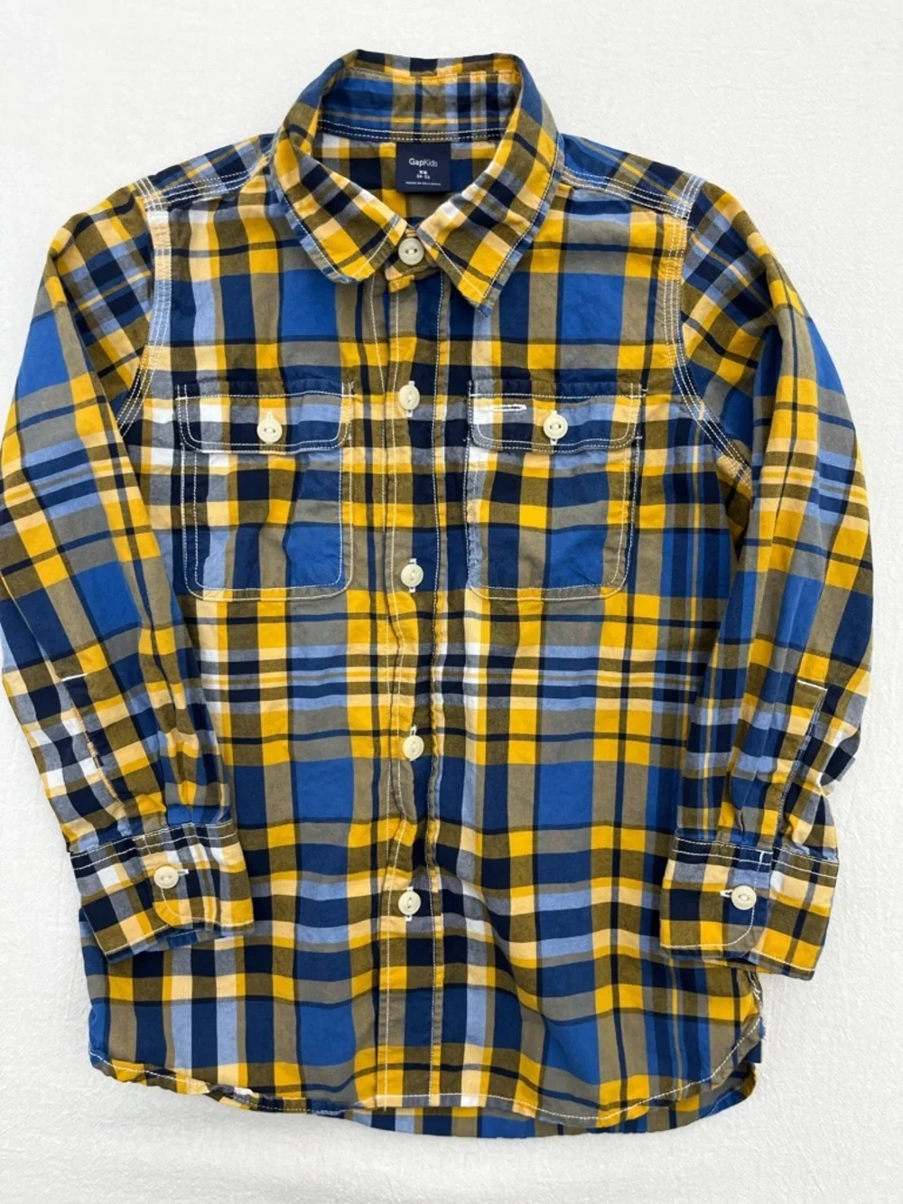 Gap Kids Plaid Cotton Button Down Shirt Boys 4/5 Blue Yellow Long Sleeve Classic